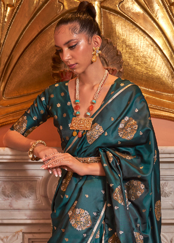 Peacock Green Copper Zari Woven Satin Silk Saree Clothsvilla