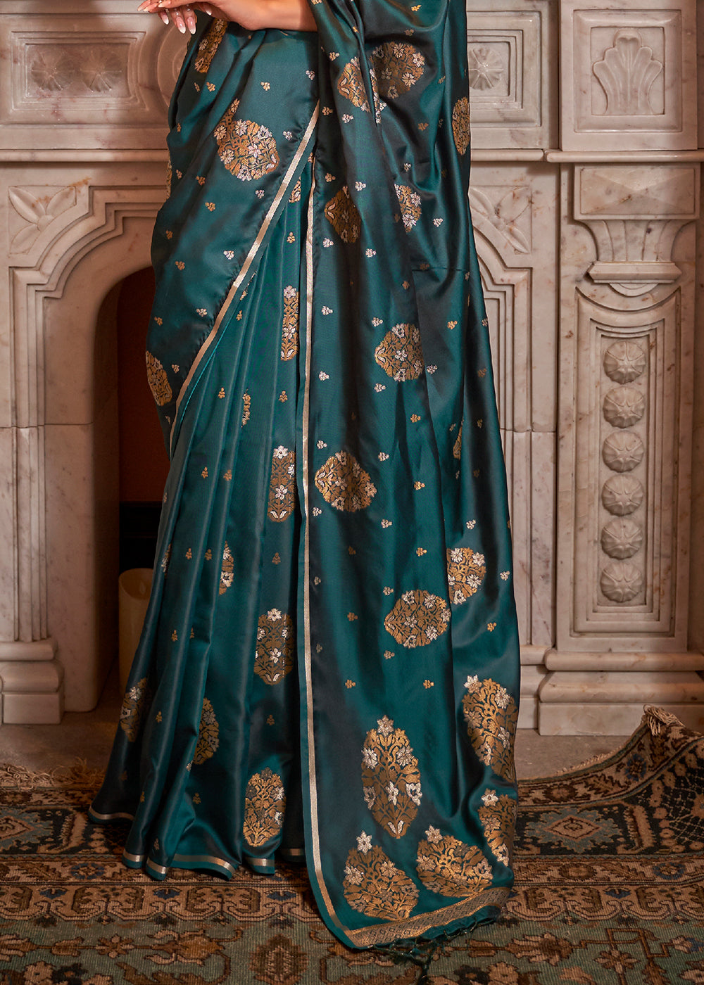 Peacock Green Copper Zari Woven Satin Silk Saree Clothsvilla