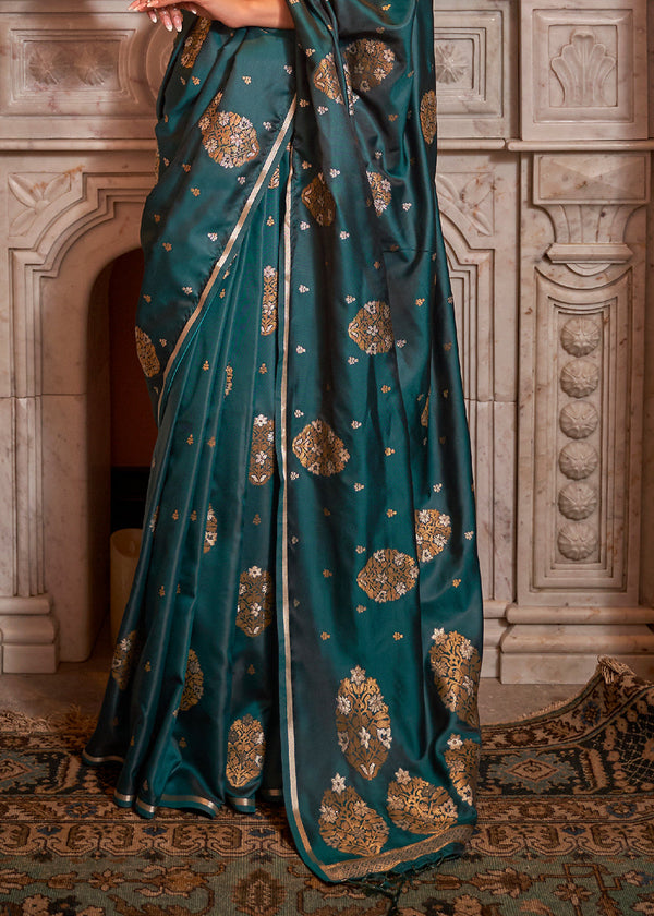 Peacock Green Copper Zari Woven Satin Silk Saree Clothsvilla