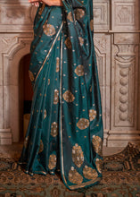 Load image into Gallery viewer, Peacock Green Copper Zari Woven Satin Silk Saree Clothsvilla