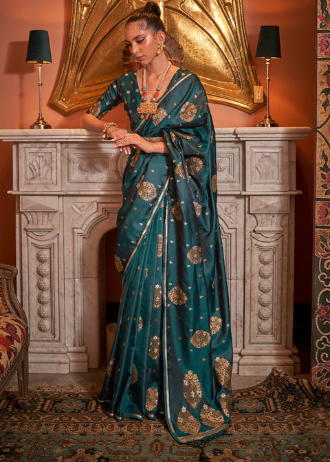 Peacock Green Copper Zari Woven Satin Silk Saree Clothsvilla Main image