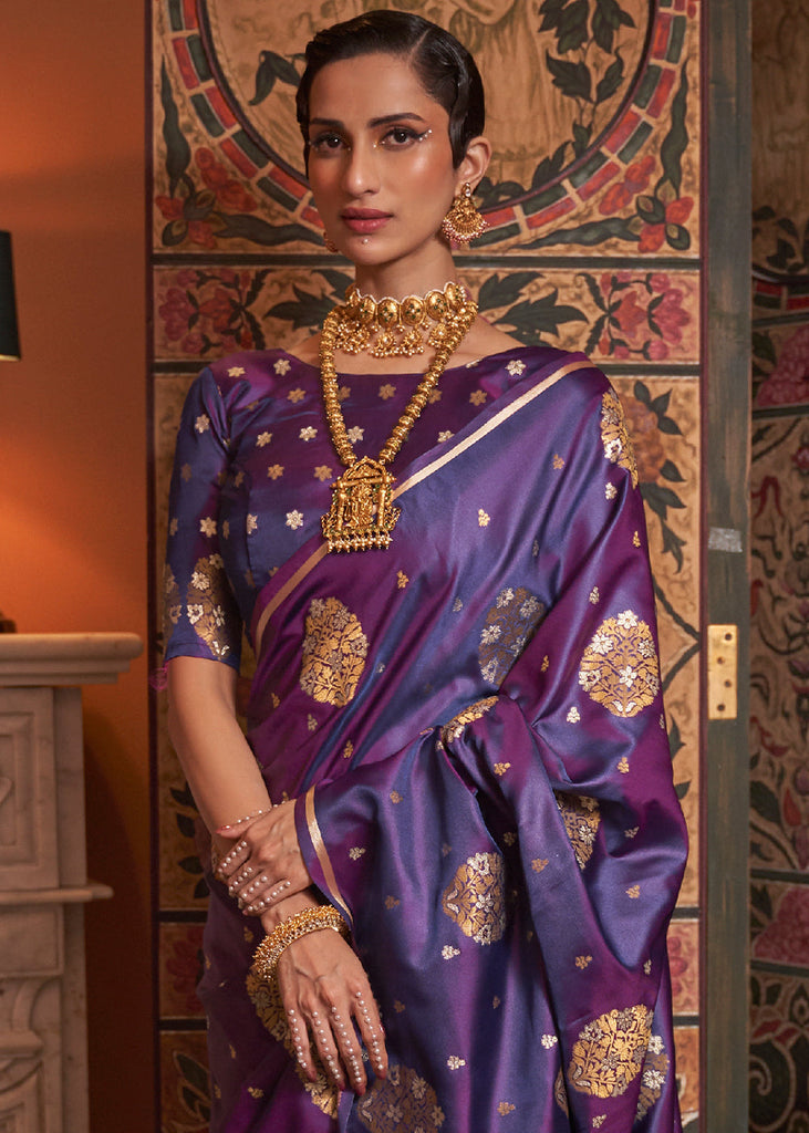 Grape Purple Copper Zari Woven Satin Silk Saree Clothsvilla