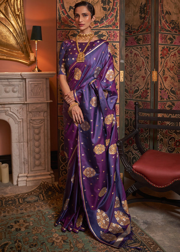 Grape Purple Copper Zari Woven Satin Silk Saree Clothsvilla
