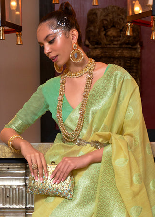 Blonde Yellow Woven Linen Silk Saree with Contrast Border & Pallu Clothsvilla