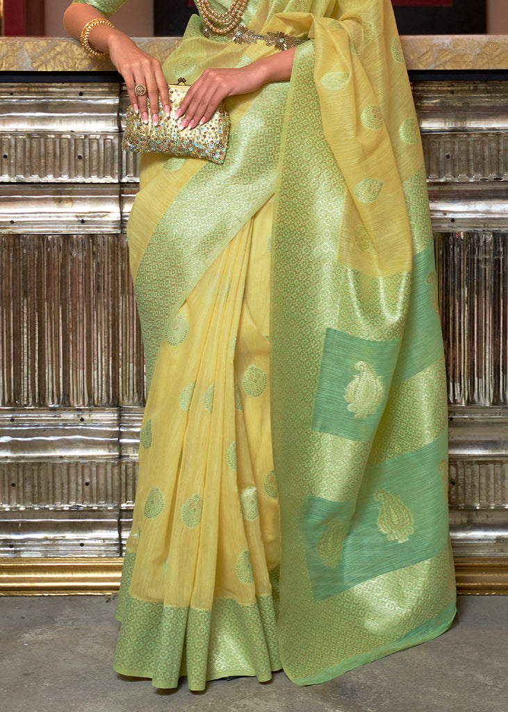Blonde Yellow Woven Linen Silk Saree with Contrast Border & Pallu Clothsvilla