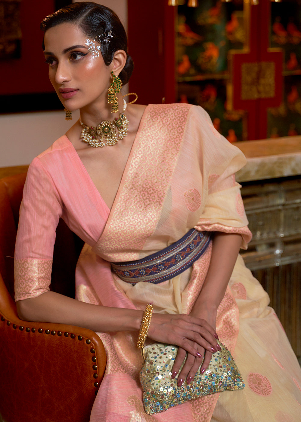 Beige Brown Woven Linen Silk Saree with Contrast Border & Pallu Clothsvilla