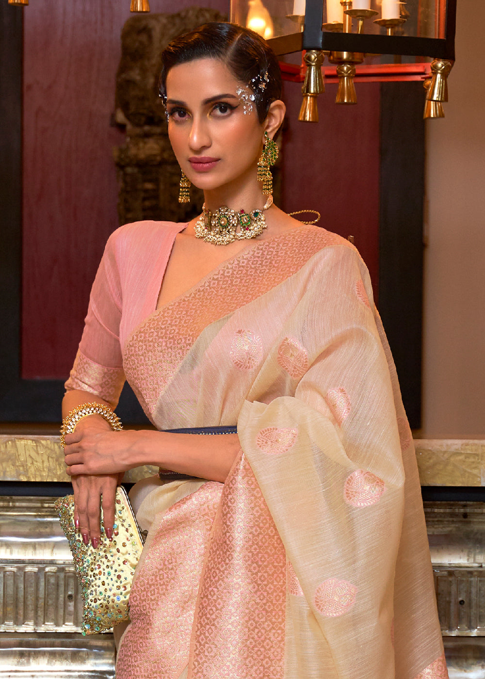 Beige Brown Woven Linen Silk Saree with Contrast Border & Pallu Clothsvilla
