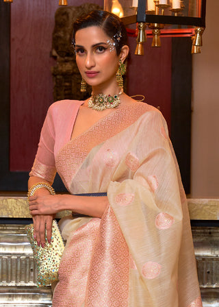 Beige Brown Woven Linen Silk Saree with Contrast Border & Pallu Clothsvilla