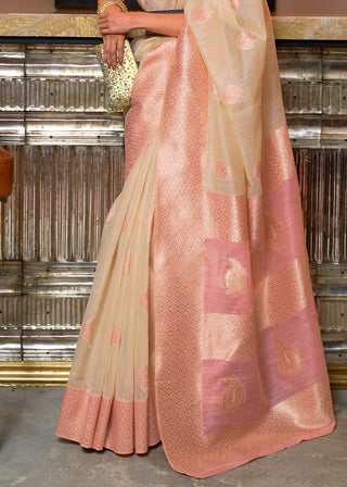 Beige Brown Woven Linen Silk Saree with Contrast Border & Pallu Clothsvilla