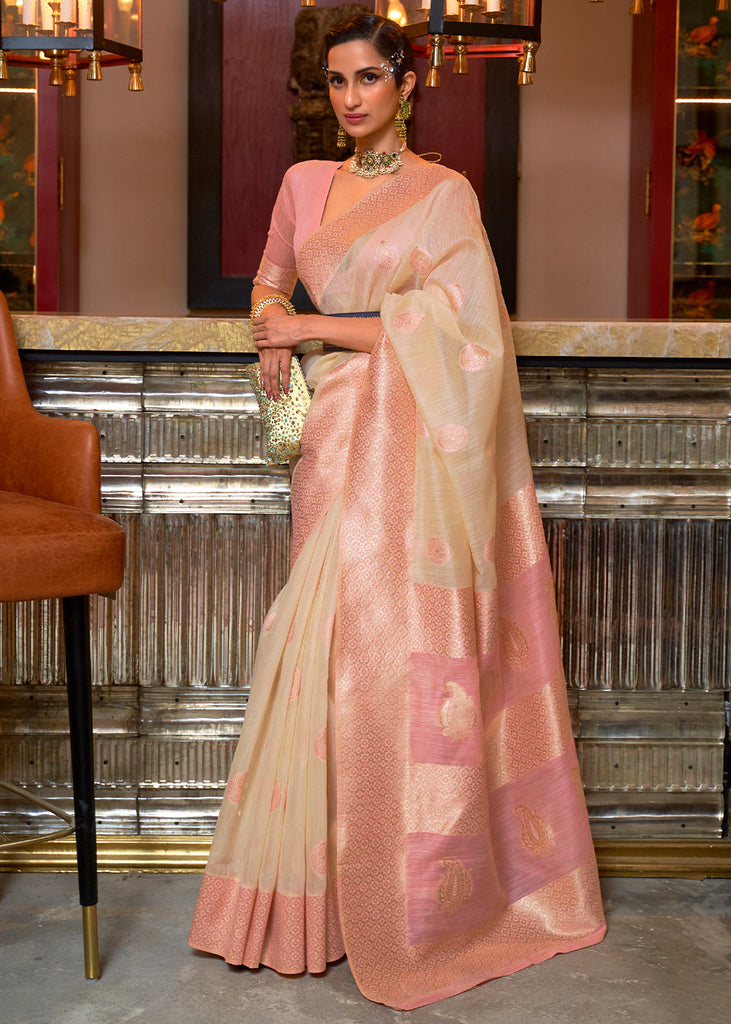 Beige Brown Woven Linen Silk Saree with Contrast Border & Pallu Clothsvilla