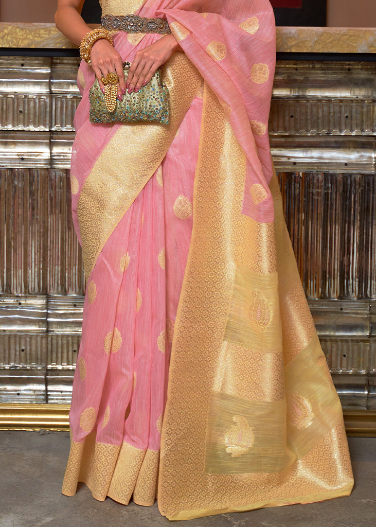 Flamingo Pink Woven Linen Silk Saree with Contrast Border & Pallu Clothsvilla