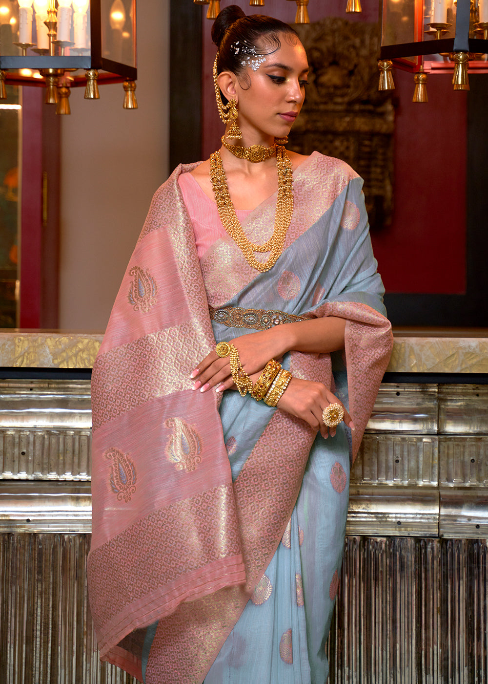 Sky Blue Woven Linen Silk Saree with Contrast Border & Pallu Clothsvilla