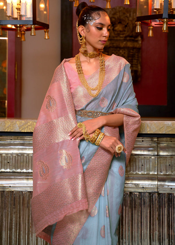 Sky Blue Woven Linen Silk Saree with Contrast Border & Pallu Clothsvilla