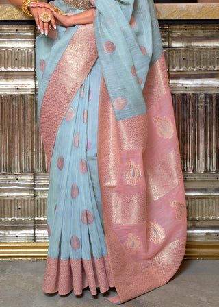 Sky Blue Woven Linen Silk Saree with Contrast Border & Pallu Clothsvilla