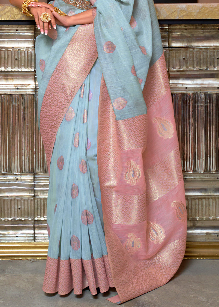 Sky Blue Woven Linen Silk Saree with Contrast Border & Pallu Clothsvilla