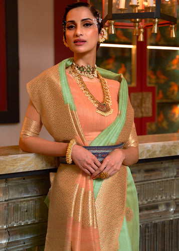 Fern Green Woven Linen Silk Saree with Contrast Border & Pallu Clothsvilla