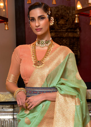 Fern Green Woven Linen Silk Saree with Contrast Border & Pallu Clothsvilla