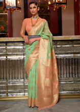 Load image into Gallery viewer, Fern Green Woven Linen Silk Saree with Contrast Border &amp; Pallu Clothsvilla