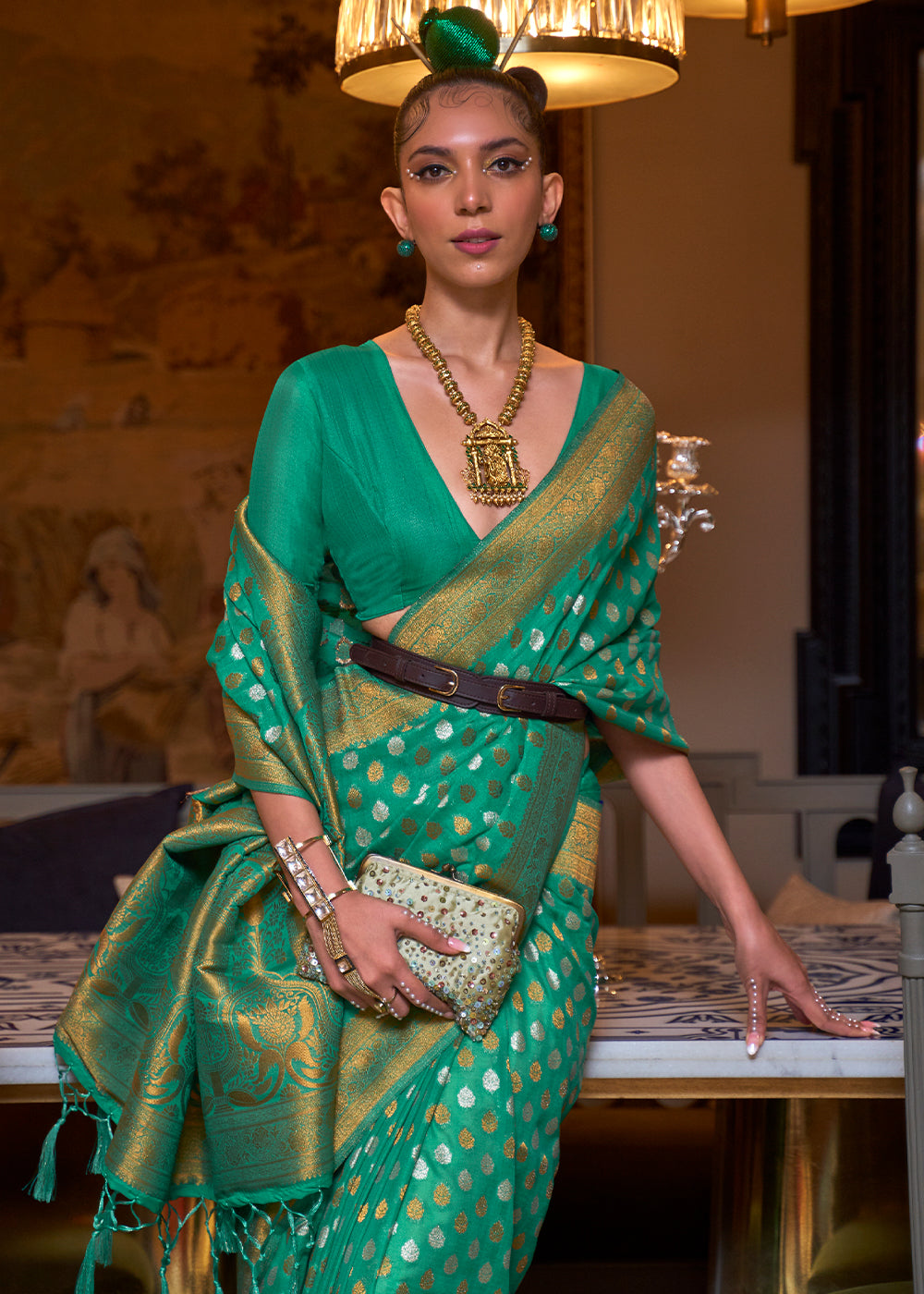 Jade Green Copper Zari Woven Banarasi Khaddi Silk Saree Secondary image