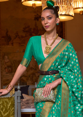 Jade Green Copper Zari Woven Banarasi Khaddi Silk Saree Clothsvilla