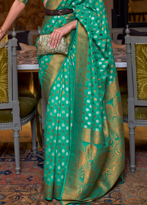 Jade Green Copper Zari Woven Banarasi Khaddi Silk Saree Clothsvilla