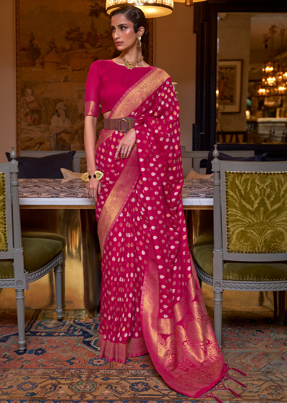 Magenta Pink Copper Zari Woven Banarasi Khaddi Silk Saree Clothsvilla Main image