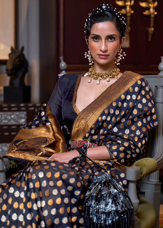 Space Blue Copper Zari Woven Banarasi Khaddi Silk Saree Clothsvilla