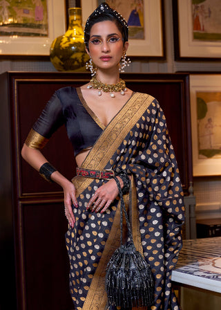Space Blue Copper Zari Woven Banarasi Khaddi Silk Saree Clothsvilla