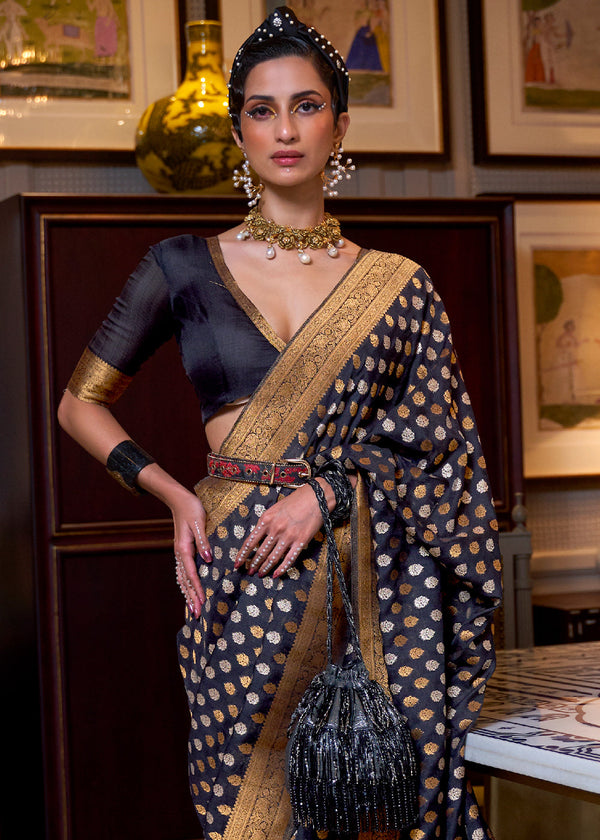 Space Blue Copper Zari Woven Banarasi Khaddi Silk Saree Clothsvilla