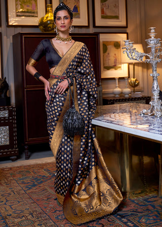 Space Blue Copper Zari Woven Banarasi Khaddi Silk Saree Clothsvilla