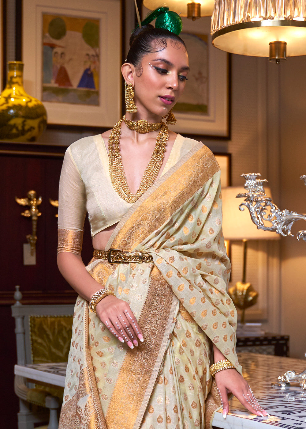 Beige Brown Copper Zari Woven Banarasi Khaddi Silk Saree Clothsvilla