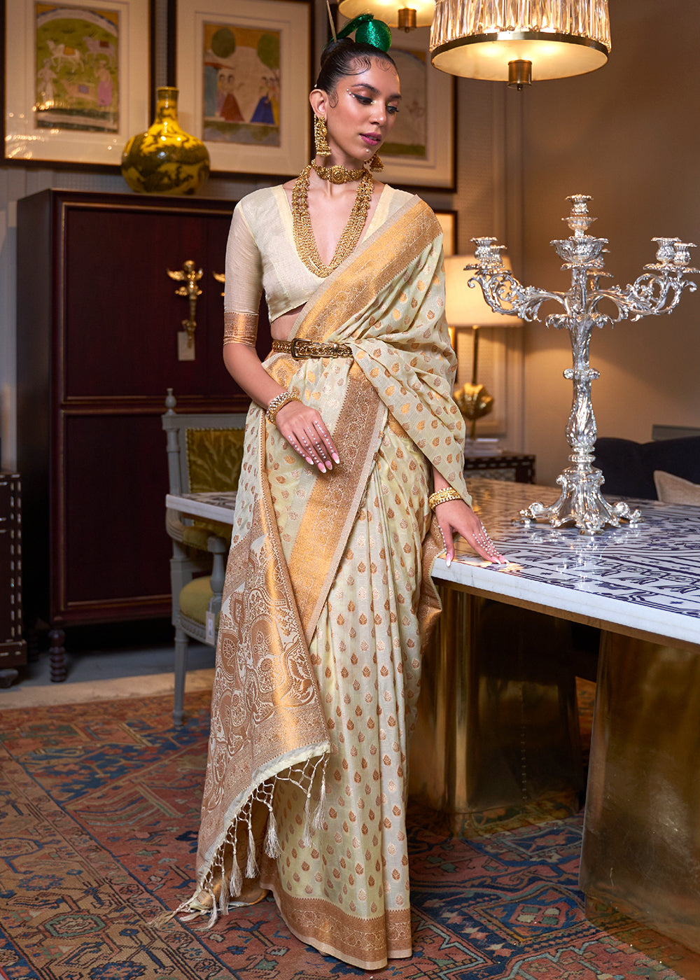 Beige Brown Copper Zari Woven Banarasi Khaddi Silk Saree Clothsvilla
