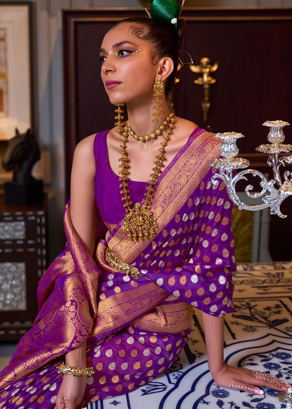 Irish Purple Copper Zari Woven Banarasi Khaddi Silk Saree Secondary image