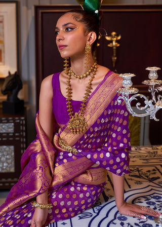 Irish Purple Copper Zari Woven Banarasi Khaddi Silk Saree Clothsvilla