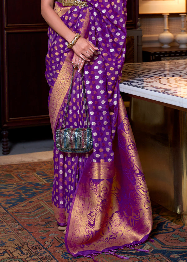 Irish Purple Copper Zari Woven Banarasi Khaddi Silk Saree Clothsvilla