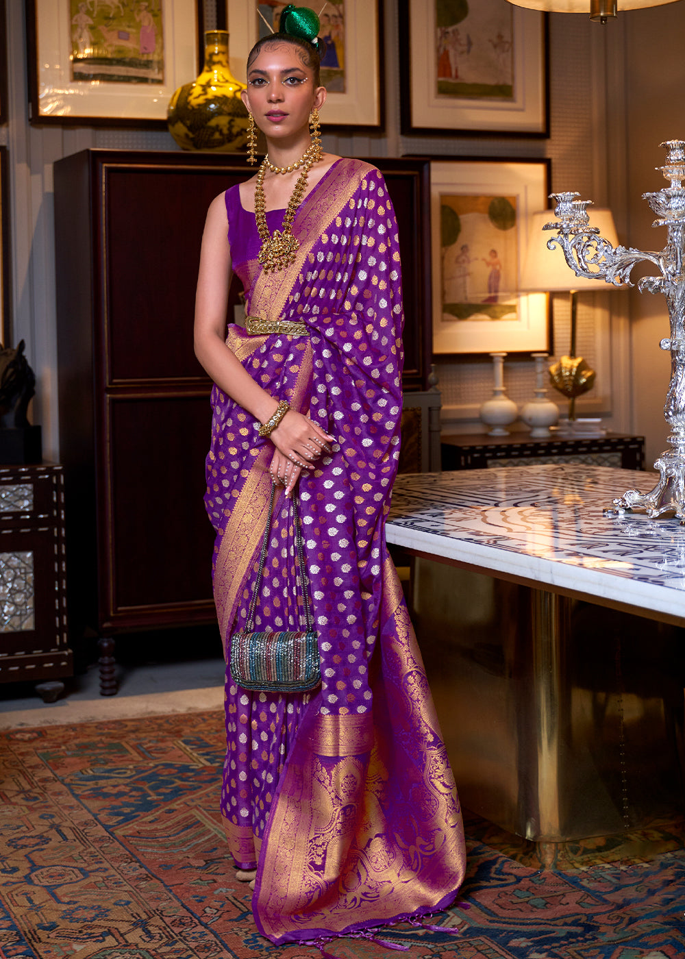 Irish Purple Copper Zari Woven Banarasi Khaddi Silk Saree Clothsvilla Main image