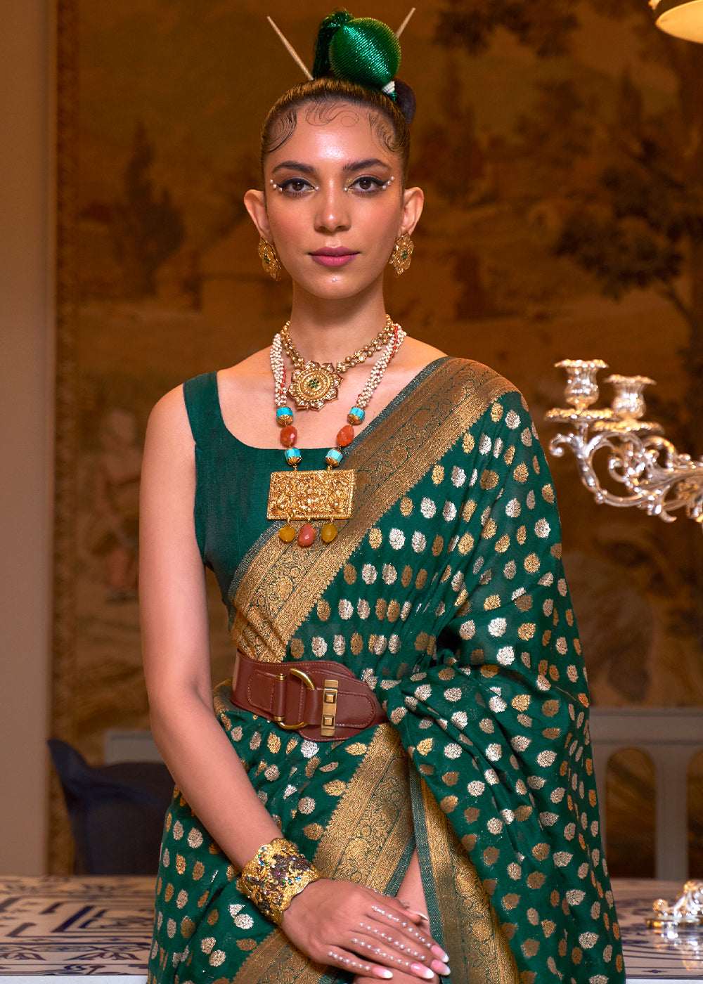 Sacramento Green Copper Zari Woven Banarasi Khaddi Silk Saree Clothsvilla