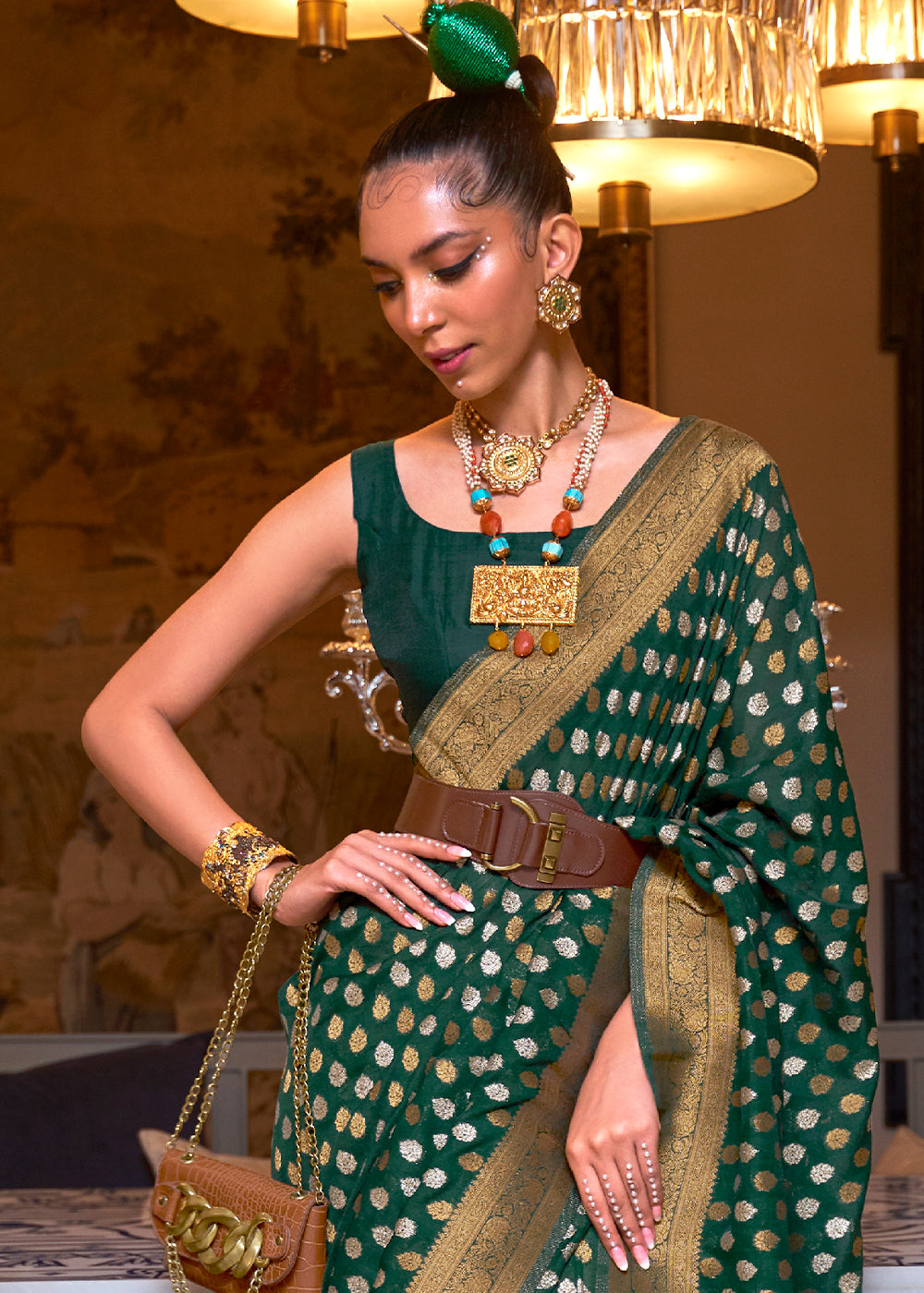 Sacramento Green Copper Zari Woven Banarasi Khaddi Silk Saree Clothsvilla