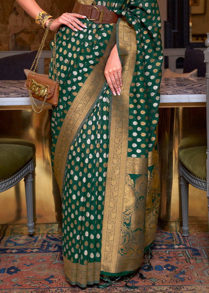 Sacramento Green Copper Zari Woven Banarasi Khaddi Silk Saree Clothsvilla