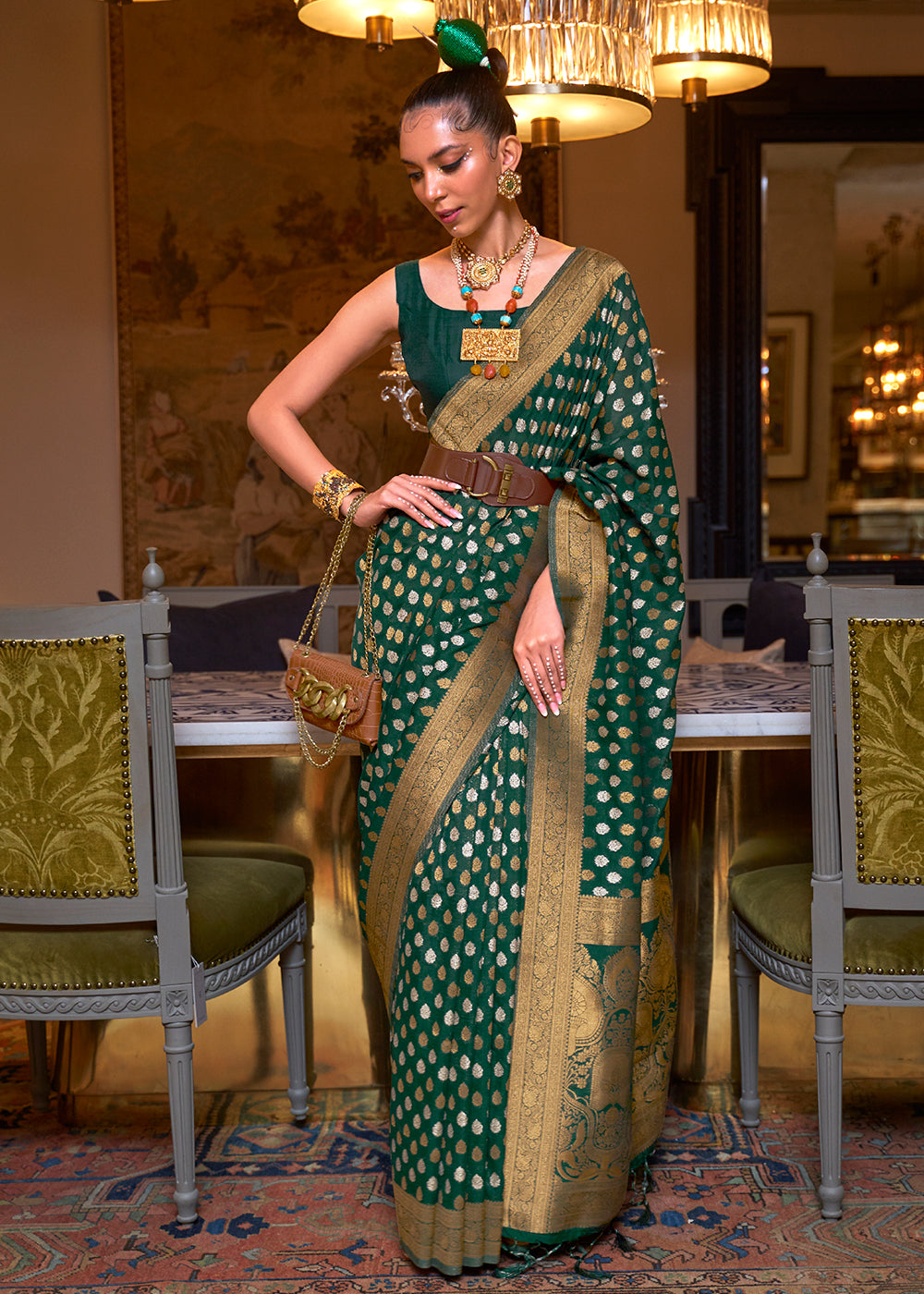 Sacramento Green Copper Zari Woven Banarasi Khaddi Silk Saree Clothsvilla Main image