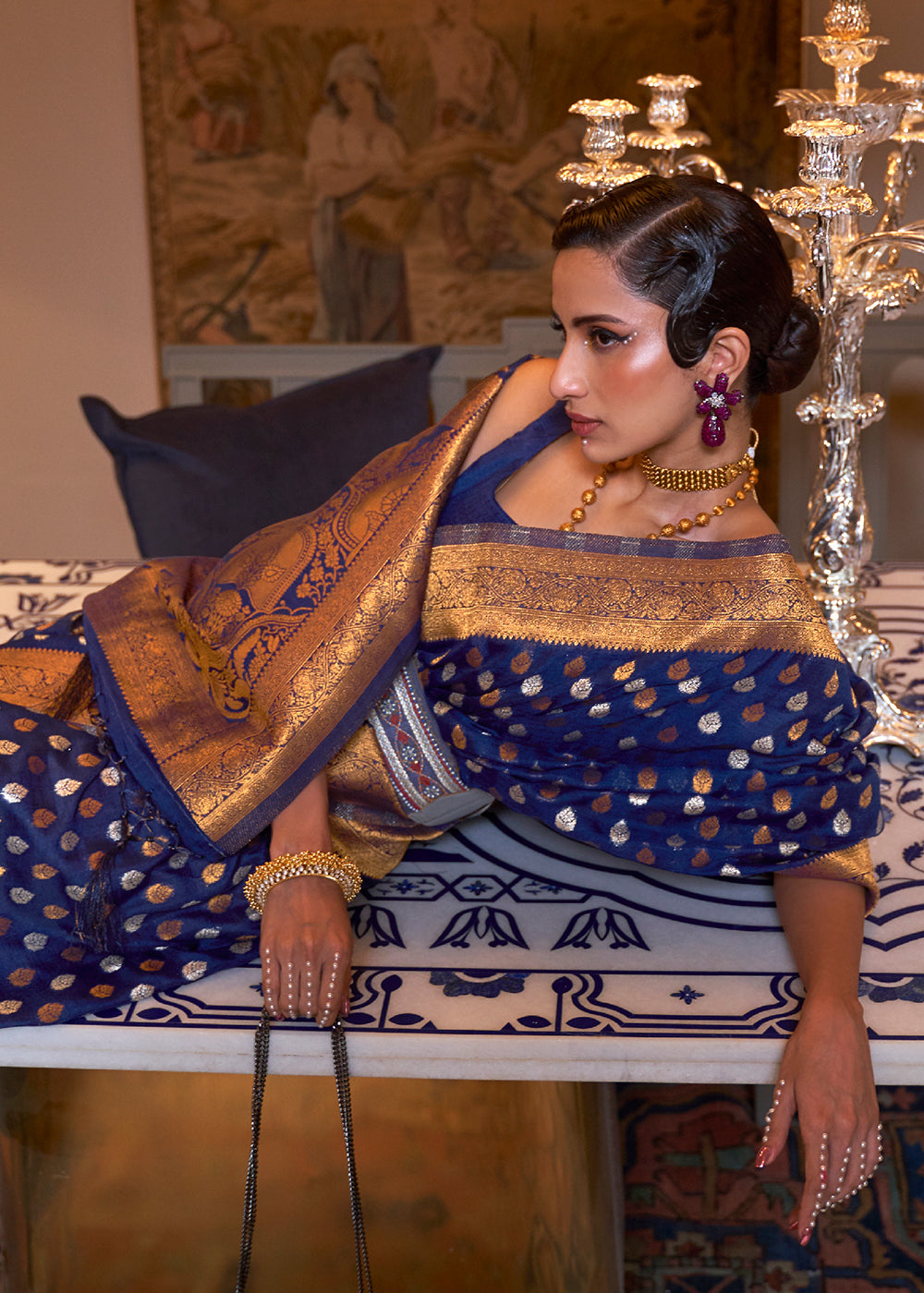 Berry Blue Copper Zari Woven Banarasi Khaddi Silk Saree Secondary image