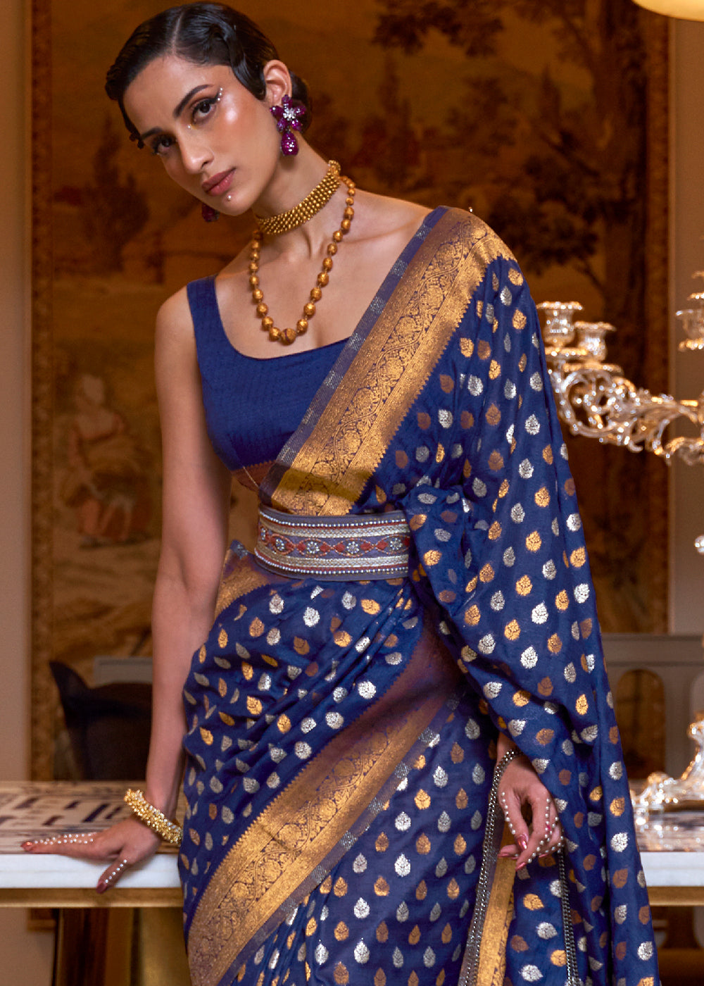 Berry Blue Copper Zari Woven Banarasi Khaddi Silk Saree Clothsvilla
