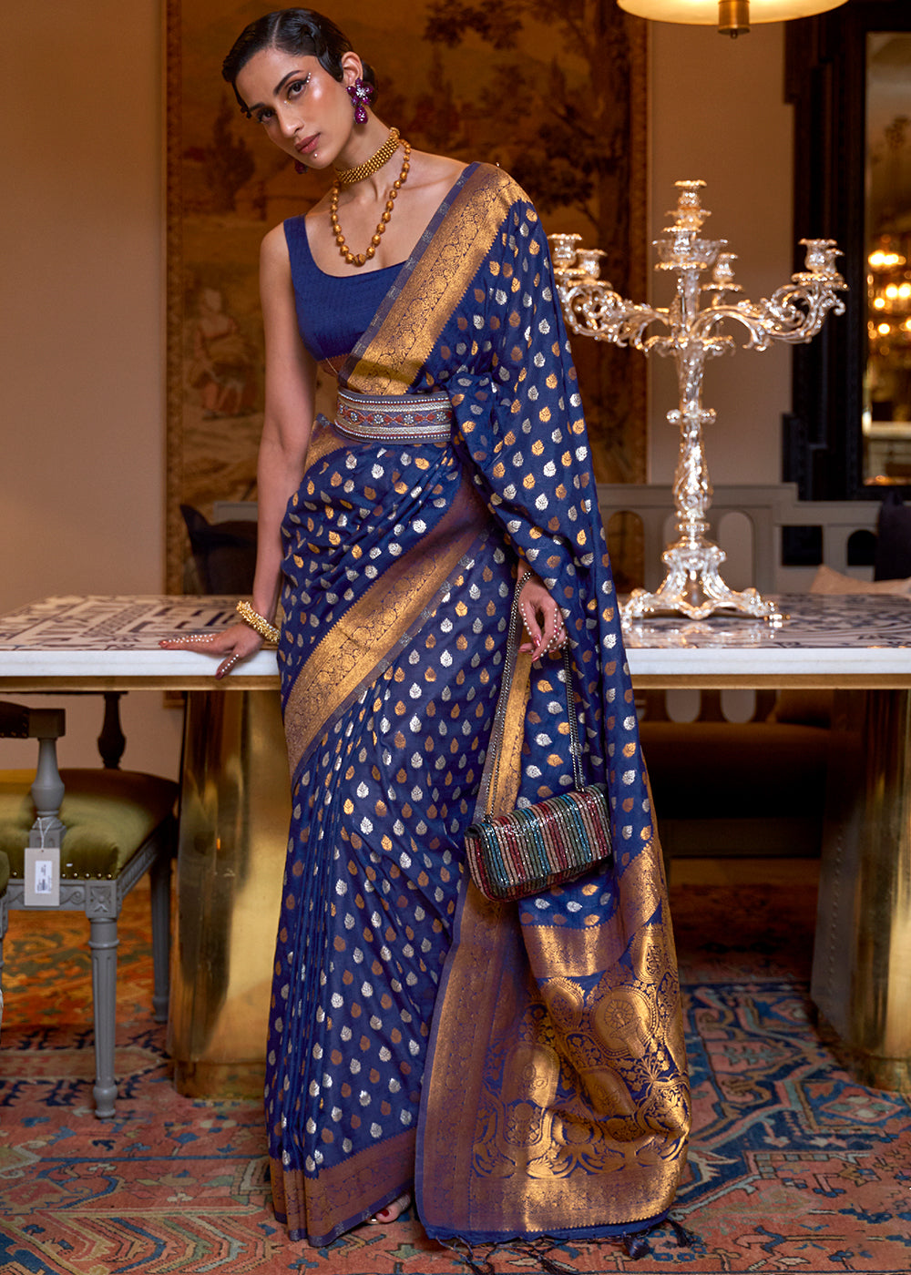 Berry Blue Copper Zari Woven Banarasi Khaddi Silk Saree Clothsvilla Main image