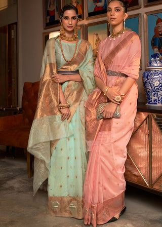 Pastel Green Copper Zari Handloom Woven Silk Saree Clothsvilla