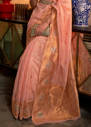 Rose Pink Copper Zari Handloom Woven Silk Saree Clothsvilla