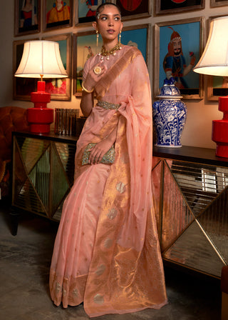 Rose Pink Copper Zari Handloom Woven Silk Saree Clothsvilla