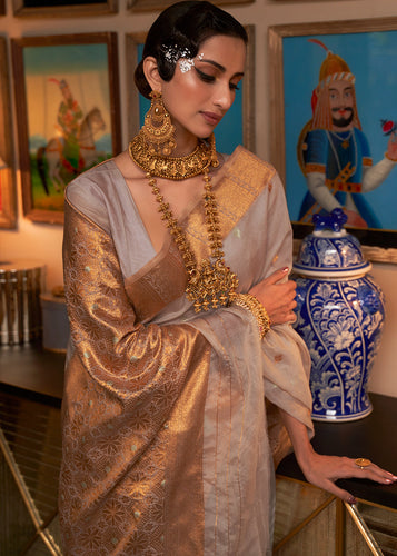 Mink Grey Copper Zari Handloom Woven Silk Saree Clothsvilla