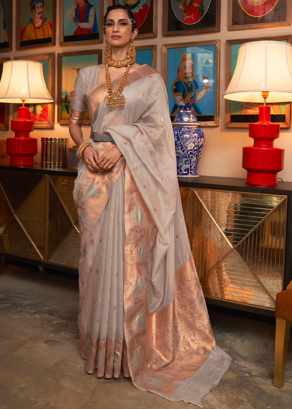 Mink Grey Copper Zari Handloom Woven Silk Saree Clothsvilla Main image