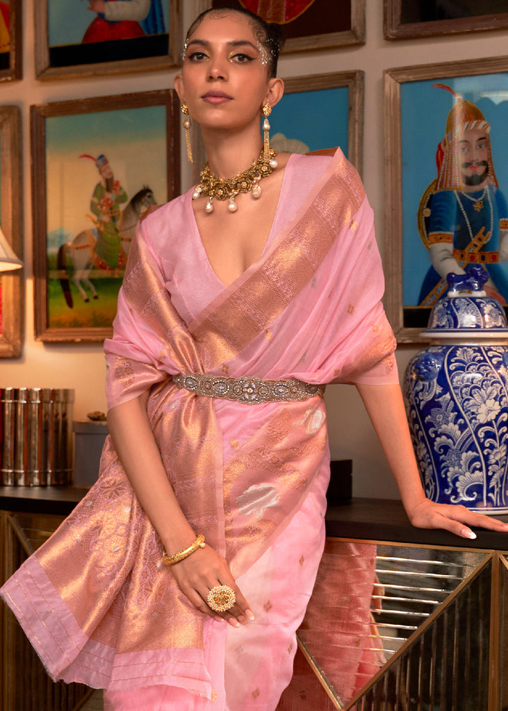 Carnation Pink Copper Zari Handloom Woven Silk Saree Clothsvilla