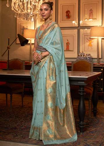 Blizzard Blue Copper Zari Handloom Woven Silk Saree Clothsvilla